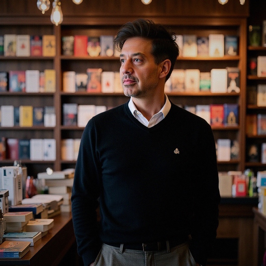 Michael Shenher in a bookstore